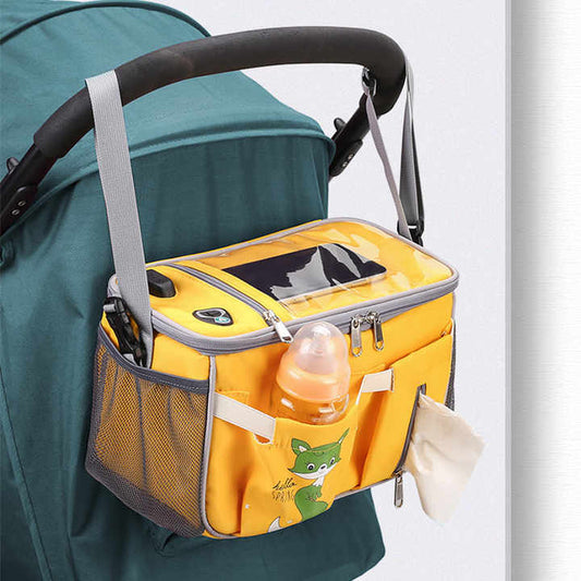 NNEDSZ Green Stroller Organizer Bag - Multi-Functional Baby Bag with Touchscreen Window, USB Port, and Bottle Holders