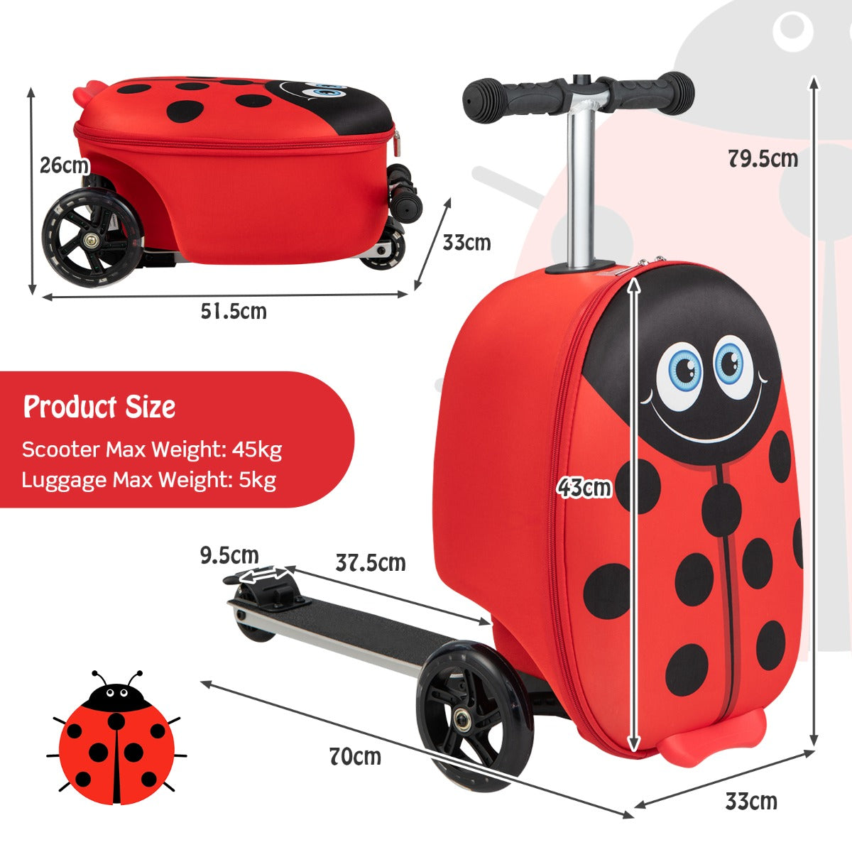 NNECW 2-IN-1 Skateboard Luggage with 3 Color Lighted Wheels for Kids-Red