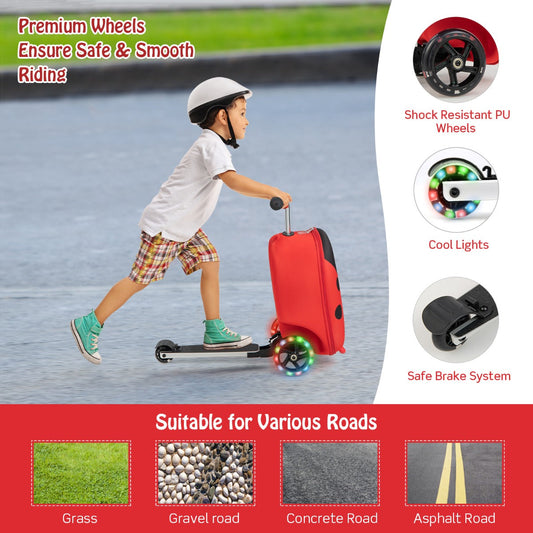 NNECW 2-IN-1 Skateboard Luggage with 3 Color Lighted Wheels for Kids-Red